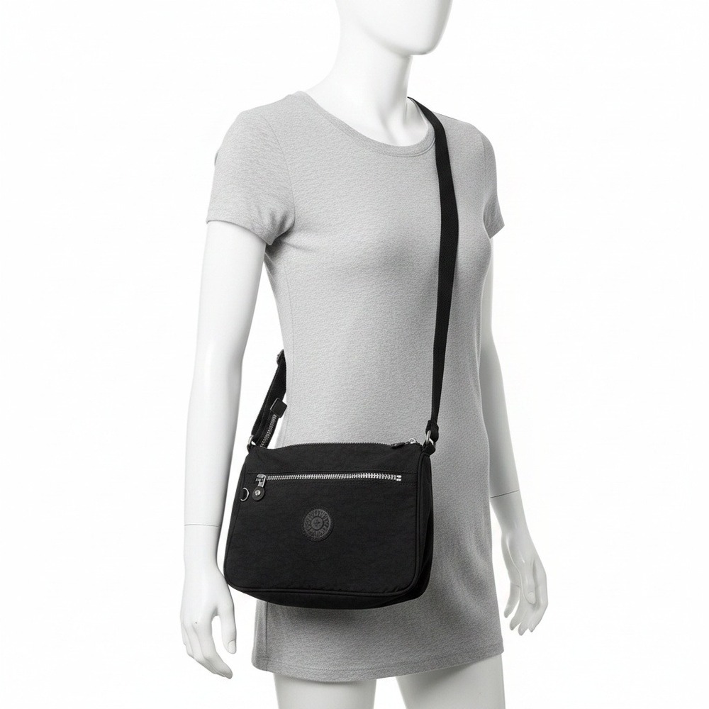 Kipling‎ Black Crinkled Nylon Crossbody Bag Adjustable Strap Multi-Pocket Travel